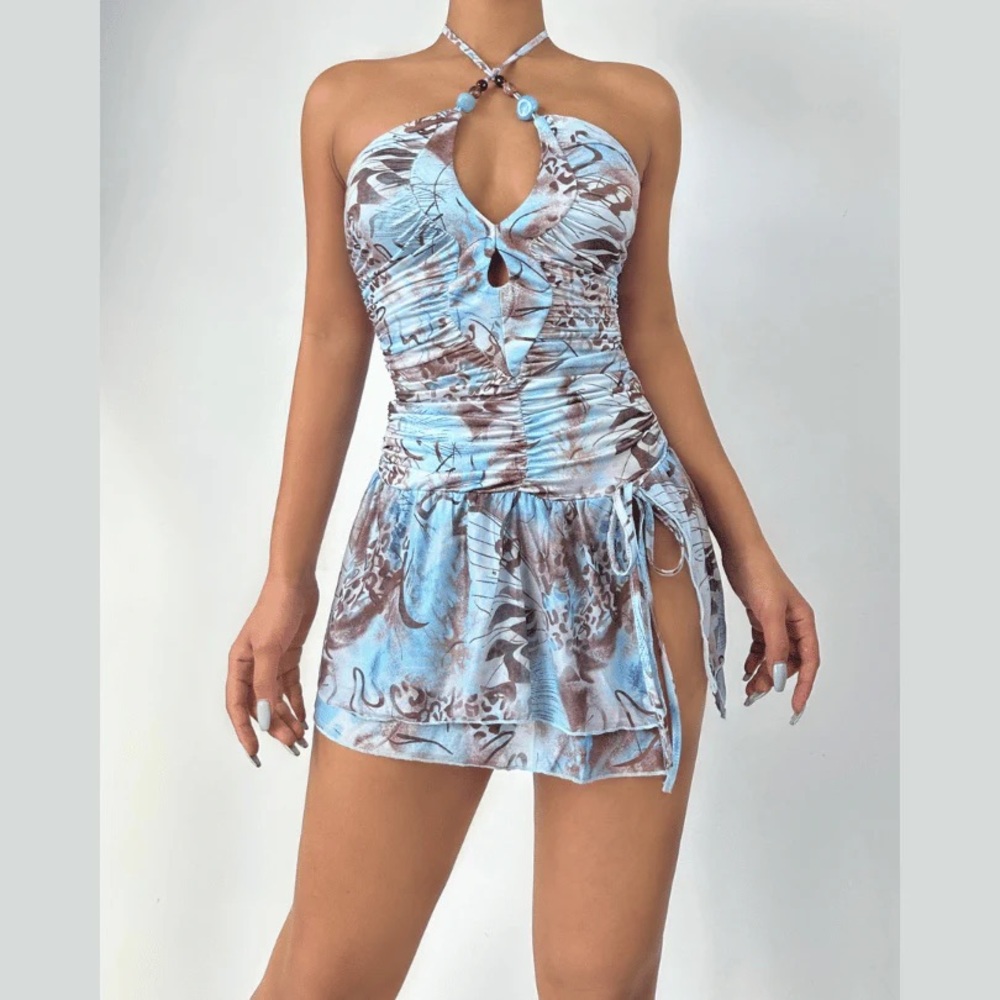 Mini blue and brown leopard halter dress - Picture 5 of 6